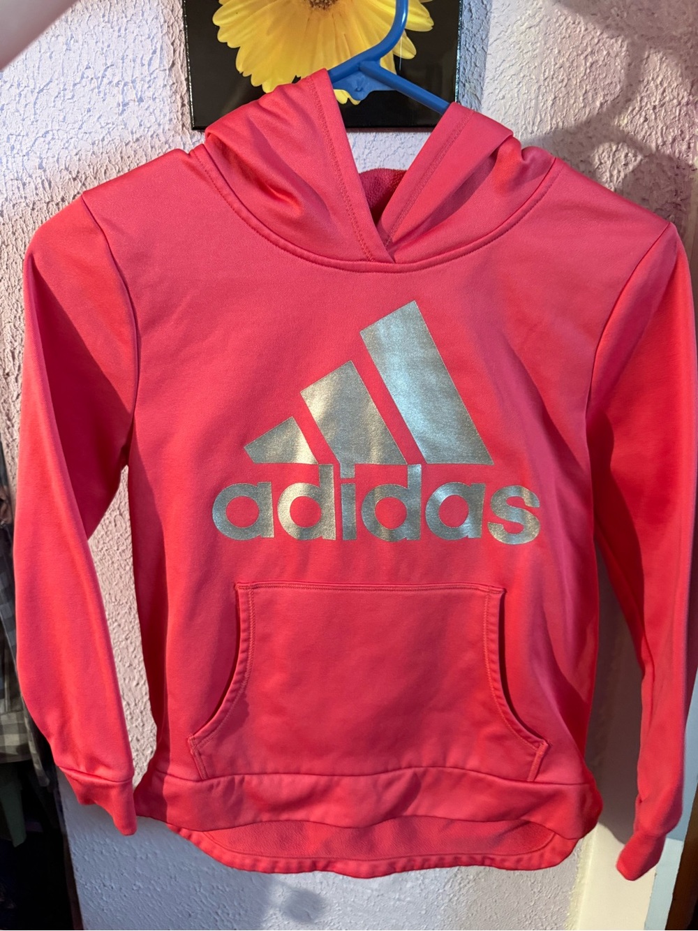 adidas Girls' Neon Pink Hoodie with Metallic Silver Logo